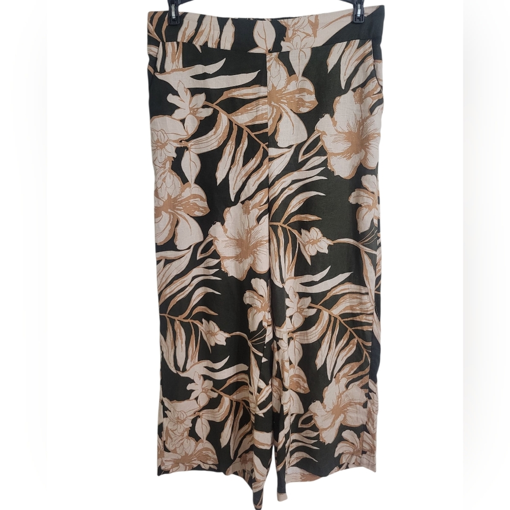 Rachel Zoe Linen Blend Pants Wide Leg Floral Print Green Pull On Sz L
